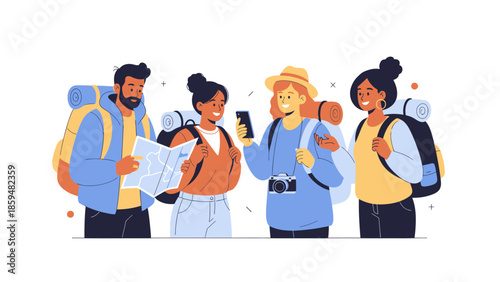 Group of Young Adventure Travelers Preparing for Hiking Journey with Equipment