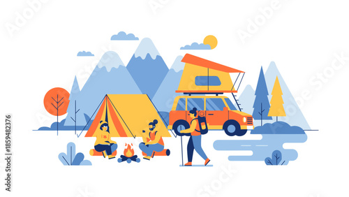 Family camping adventure in scenic mountain landscape with tent and gear