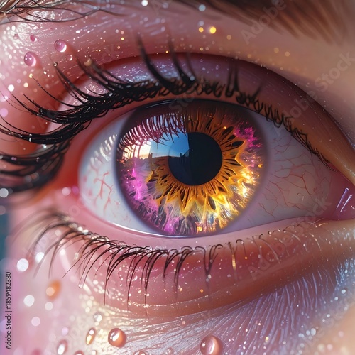 Emotional Surreal Close-Up of Human Eye with Glowing Iris and Water Droplets