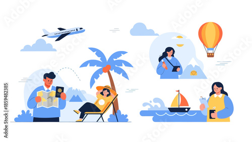 Relaxing Tropical Vacation Scene with People Engaged in Travel Activities and