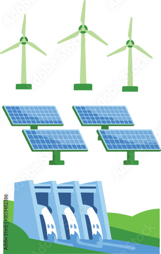 renewable energy sources, wind turbines, solar panels, hydroelectric dam, clean power, sustainable energy, green technology, eco-friendly, climate solution, energy icons