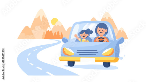 Happy family enjoying a scenic road trip through mountain landscape
