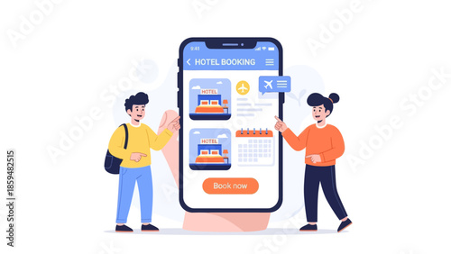 Digital hotel booking process with young travelers planning travel arrangements