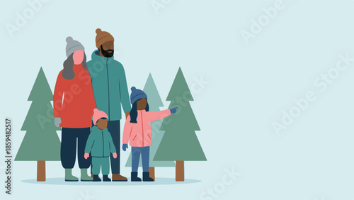 Happy family of four enjoying winter walk in evergreen woodland illustration