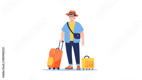 Travel ready young man with luggage waiting at airport terminal entrance in