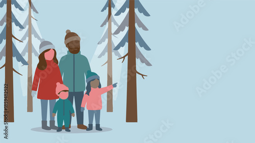 Diverse family walking through a snowy pine forest in winter