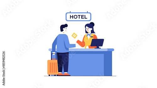 Guest Checking into Hotel Reception with Luggage and Digital Key