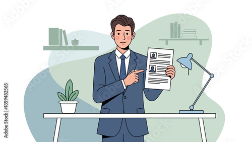 Professional male job applicant showing resume or CV in modern office setting during interview