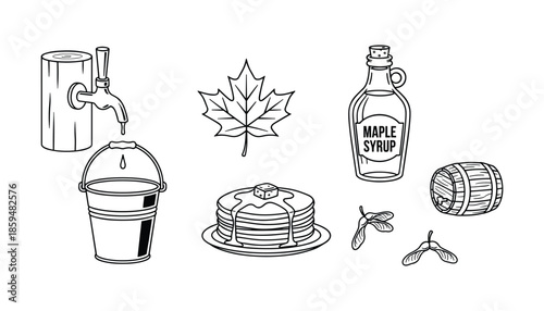 Collection of maple syrup extraction and processing doodles on transparent background
