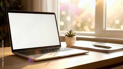 Wallpaper Mural Bright and modern workspace featuring a laptop with blank screen notebook pen and potted succulent near a sunlit window ideal for digital marketing concepts Torontodigital.ca