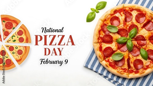 National Pizza Day February 9 graphic with a real pepperoni pizza and stylized food icons