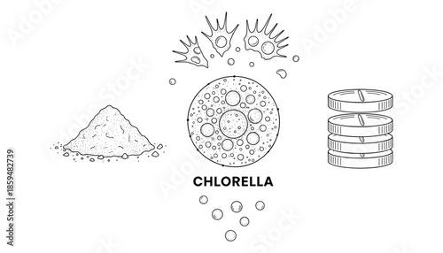 Detailed chlorella illustration with powder form and pills outline vector