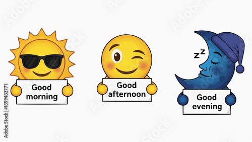 Cute emojis for morning, afternoon, and evening greetings