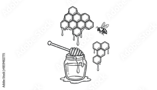 Drawing of honey jar with dipper and honeycombs on transparent background