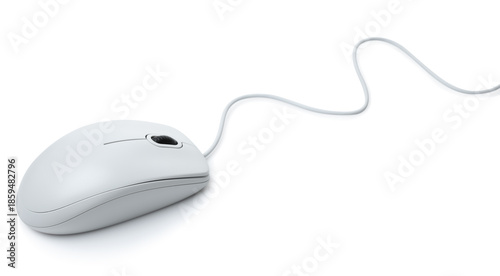 White modern wired computer mouse on white background with natural reflection and shadows