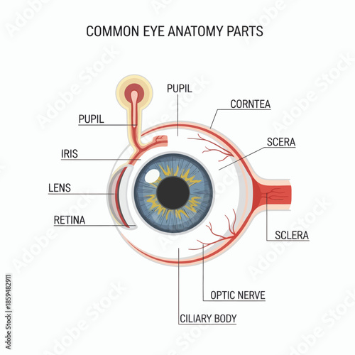 Detailed illustration of the common anatomy of the human eye, showcasing key parts and structures