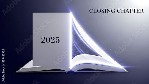 A conceptual 3D illustration symbolizing the end of a year, featuring an open book with the number 
