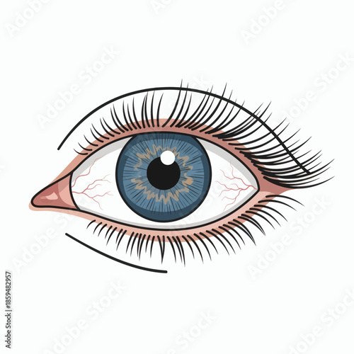 Close-up illustration of a detailed, bloodshot human eye with a blue iris and long eyelashes