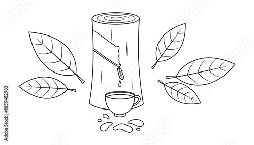 Outline drawing of birch sap extraction into cup with leaves on transparent background
