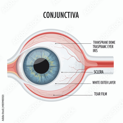 Detailed anatomical illustration showcasing the human eye's external layers and internal structures, with a focus on the conjunctiva, sclera, and iris for educational purposes