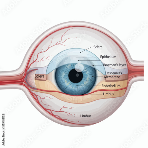 Anatomical illustration of the human eye, detailing its intricate structures and layers