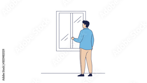A man standing in front of a large mirror in a minimalistic room with a plain white background