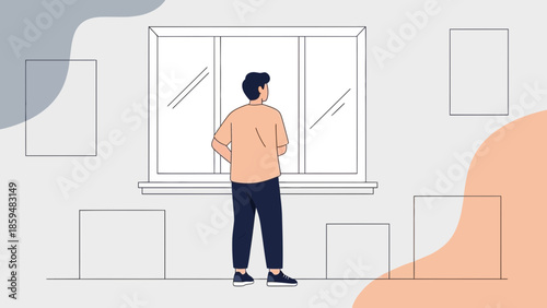 A person standing indoors looking out the window reflecting on the day with a calm and