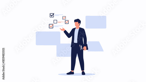 Business professional reviewing and managing task checklists and to-do lists independently