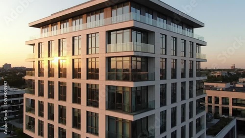 Aerial View of Modern Luxury Apartment Building at Sunset with Golden Hour Reflections on Glass Windows