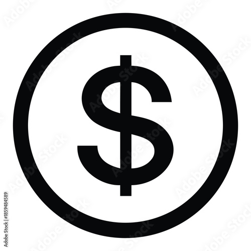 A simple black and white graphic illustration of a united states dollar sign within a circle
