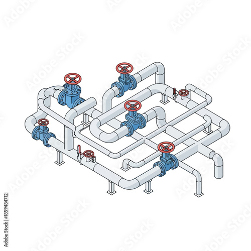 Industrial pipeline system with multiple valves and interconnected pipes.