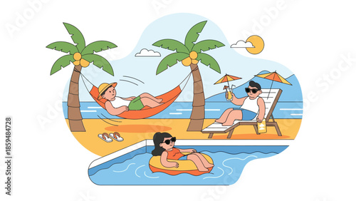 Relaxing Summer Vacation Scene with People Lounging on Beaches and Poolside
