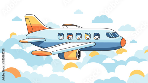 Brightly Colored Commercial Jet Flying Through Clouds with Passengers Visible