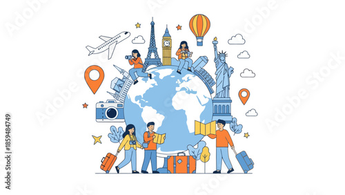 Global travel and adventure illustration highlighting iconic landmarks and