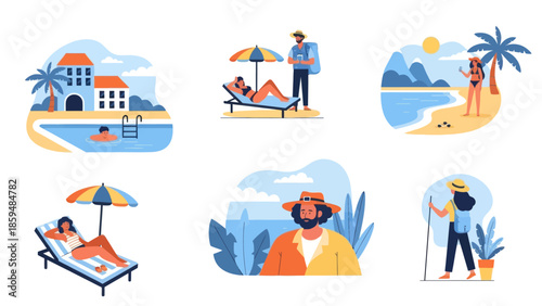 Relaxing and Enjoyable Vacation Scenes with Sunbathing Swimming and Walking by