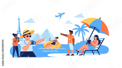 Vacationers Enjoying Tropical Beach Scene with Sunshades and Water Activities