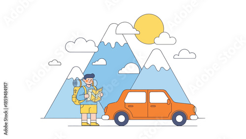Adventurous Backpacker Exploring Mountain Trails with a Car Against a Scenic