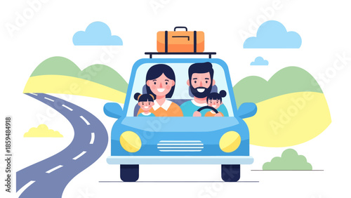 Family road trip adventure with children and luggage on scenic highway