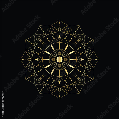 Intricate golden mandala design against a stark black background showcasing symmetrical artistic patterns