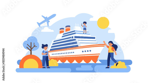 Colorful Illustration of People Enjoying a Cruise Vacation with Sunny Weather