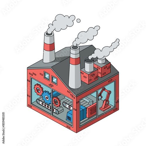 Isometric Factory Building with Smoking Chimneys and Internal Machinery.