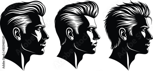 Male hairstyle profile set, slicked spiky textured haircuts, fashion grooming silhouette icons, vector bundle, graphic barber design pack