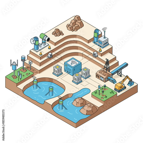 Isometric illustration of a complex industrial and technological landscape with water, mining, and data centers.