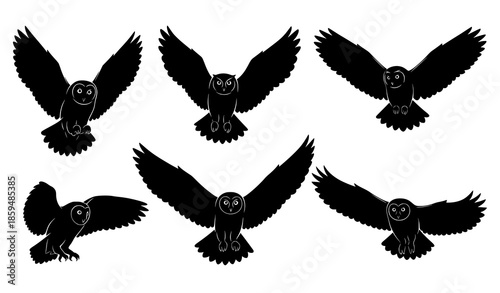 Black flying owl silhouette vector set isolated on white background