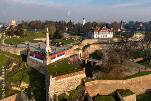 Belgrade, Serbia - December 20, 2025: Kalemegdan fortress with monument Victory photographed from a drone