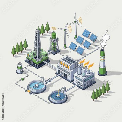 Isometric illustration of a complex industrial energy and water treatment system.