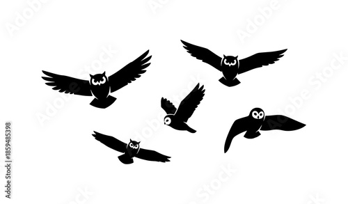 Minimal flying owl silhouette icon set flat vector illustration on white