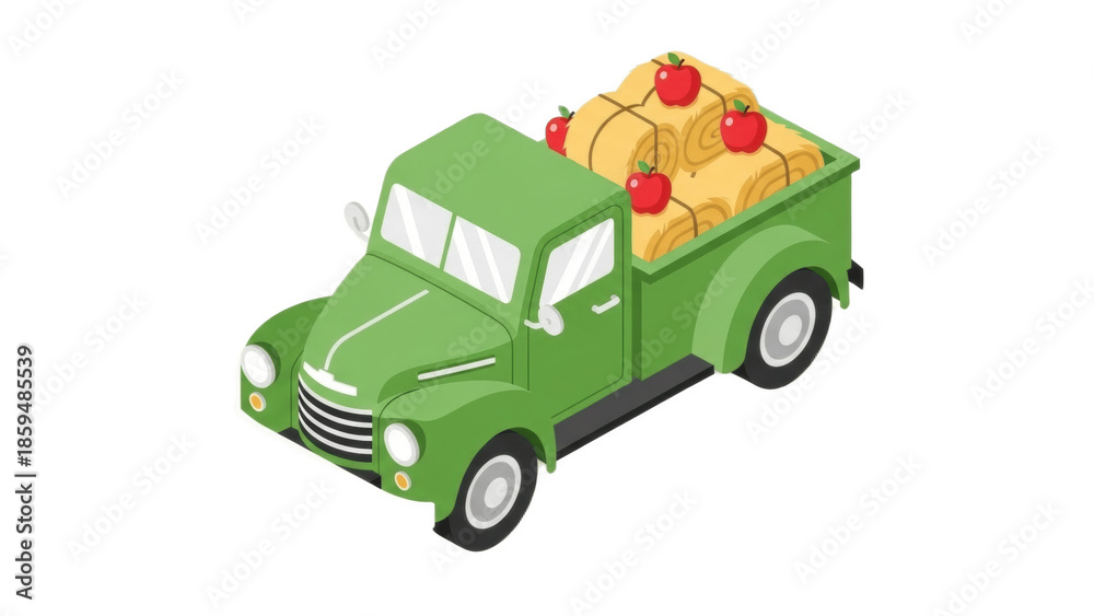 Fototapeta premium Charming Green Farm Pickup Truck Illustration Loaded with Hay Bales and Red Apples, Ideal for Agriculture Themes, Farmers Market Graphics, Harvest Posters, Children’s Books, Maps and Educational Mater