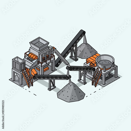 Isometric illustration of a detailed industrial sand and gravel processing plant with conveyor belts and machinery.