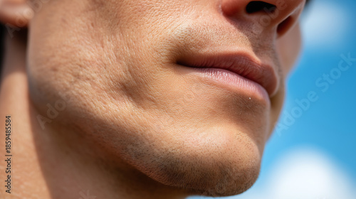 Close up macro of jawline skin with natural unevenness and visible pores on male face under natural light with blue sky background showing healthy texture and slight facial hair